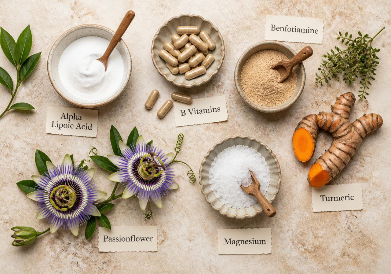 Natural nerve support ingredients including alpha lipoic acid, B vitamins, turmeric and passionflower